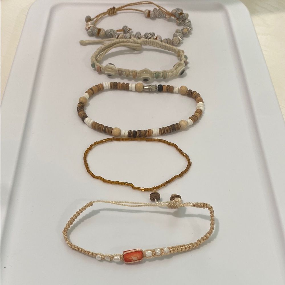 Elegant Beaded Bracelet Set 5 Hemp Rope - Cream and Brown Shells Micro Beeds